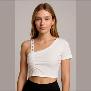 NWT Dion Lee Midweight Jersey Asymmetrical Gathered White Logo Tee - Size 0
